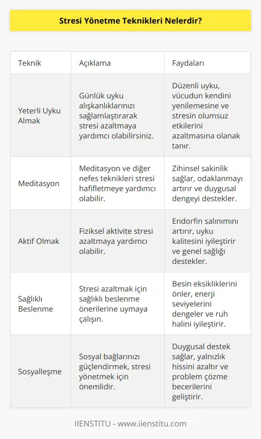 1. Yeterli Uyku Alın: Günlük uyku alışkanlıklarınızı sağlamlaştırarak stresi azaltmaya yardımcı olabilirsiniz. 2. Meditasyon: Meditasyon ve diğer nefes teknikleri stresi hafifletmeye yardımcı olabilir. 3. Aktif Olun: Fiziksel aktivite stresi azaltmaya yardımcı olabilir. 4. Yiyecekleri Dikkatli Seçin: Stresi azaltmak için sağlıklı beslenme önerilerine uymaya çalışın. 5. Zaman Yönetimi: Stresi yönetmek için zamanınızı etkin şekilde kullanmayı öğrenin. 6. Sosyalleşin: Sosyal bağlarınızı güçlendirmek, stresi yönetmek için önemlidir. 7. Gevşeme Teknikleri: Gevşeme teknikleri, özellikle yoga ve jimnastik, stresi azaltmaya yardımcı olabilir. 8. Beklentileri Gerçekçi Tutun: Stresi azaltmak için beklentilerinizi gerçekçi tutmaya çalışın. 9. Zihinsel Sağlık: Zihinsel sağlık için destek almaya çalışın. 10. Egzersiz: Egzersiz, stresi azaltmak için etkili bir yoldur.