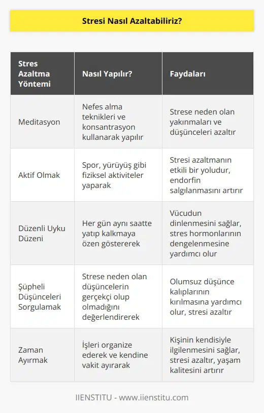 1. Meditasyon yapmak: Meditasyon, nefes alma teknikleri ve konsantrasyon gibi teknikleri kullanarak strese neden olan yakınmaları ve düşünceleri azaltmak için kullanılan bir tekniktir. 2. Aktif olmak: Spor, yürüyüş gibi fiziksel aktivite, stresi azaltmanın etkili bir yoludur. 3. Düzenli uyku düzeni: Düzenli uyku düzeni, stresi azaltmanın önemli bir yoludur. 4. Şüpheli düşünceleri sorgulamak: Şüpheli düşünceleri sorgulamak, stresi azaltmada etkili bir yöntemdir. 5. Zaman ayırmak: Zaman ayırmak, önemli bir stres azaltıcıdır. İşlerinizi organize etmek ve kendinize zaman ayırmak, stresi azaltır. 6. Destek almak: Arkadaşlar, aile üyeleri veya terapist ile konuşmak stresi azaltmada çok etkilidir. 7. Gevşeme egzersizleri: Gevşeme egzersizleri, stresi azaltmanın etkili bir yoludur. 8. Bol bol gülmek: Gülmek, stresi azaltmada etkili bir yöntemdir.