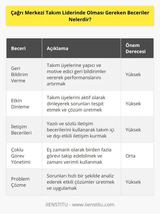 Takım liderleri üst yöneticiler ile müşteri temsilcileri arasında duran ve yönetimin vermiş olduğu görev ve hedefleri ekiplerine doğru ve uygulayıcı şekilde aktaran kişilerdir. Bu nedenle yüksek olan özel seçilmiş kişilerdir. Farklı olarak bir takım liderinde olması gereken diğer beceriler; geri bildirim verme becerisi, etkin dinleme yetisi, iyi derecede yazılı ve becerisi, eş zamanlı birden fazla işi takip edebilme ve zamanı doğru yönetebilme becerisi, ve yorumlama becerisi, problem çözme ve hızlı aksiyon alma kabiliyeti gibi daha çok aktif olarak kullanabileceği becerilere sahip olması gerekmektedir.