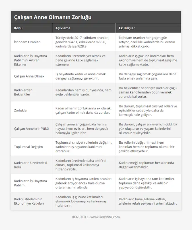 İstihdam Oranları, Türkiye'deki 2017 istihdam oranları; genelde %471, erkeklerde %656, kadınlarda ise %289, İstihdam oranları her geçen gün artıyor, özellikle kadınlarda bu oranın artması dikkat çekici, Kadınların İş Hayatına Katılımını Artıran Etkenler, Kadınların üretimde yer almak ve hane gelirine katkı sağlamak istemeleri, Kadınların iş gücüne katılmaları hem ekonomiye hem de toplumsal gelişime katkı sağlamaktadır, Çalışan Anne Olmak, İş hayatında kadın ve anne olmak dengeyi sağlamayı gerektirir, Bu dengeyi sağlamak çoğunlukla daha fazla emek anlamına gelir, Kadınlardan Beklentiler, Kadınlardan hem iş dünyasında, hem evde beklentiler vardır, Bu beklentiler nedeniyle kadınlar çoğu zaman kendilerinden ödün vermek zorunda kalıyorlar, Zorluklar, Kadın olmanın zorluklarına ek olarak, çalışan kadın olmak daha da zordur, Bu durum, toplumsal cinsiyet rolleri ve eşitsizlikler sebebiyle daha da karmaşık hale geliyor, Çalışan Annelerin Yükü, Çalışan anneler çoğunlukla hem iş hayatı, hem ev işleri, hem de çocuk bakımıyla ilgilenirler, Bu durum, çalışan anneler için ciddi bir yük oluşturur ve yaşam kalitelerini olumsuz etkileyebilir, Toplumsal Değişim, Toplumsal cinsiyet rollerinin değişimi, kadınların iş hayatına katılımını artırabilir, Bu rollerin değiştirilmesi, hem kadınları hem de toplumu olumlu bir şekilde etkileyebilir, Kadınların Üretimdeki Rolü, Kadınların üretimde daha aktif rol alması, toplumsal kalkınmayı hızlandırabilir, Kadın emeği, toplumun her alanında değer kazanmalıdır, Kadınların İş Hayatına Katılımı, Kadınların iş hayatına katılım oranları giderek artıyor ancak hala dünya ortalamasının altında, Kadınların iş hayatına tam katılımları, toplumu daha eşitlikçi ve adil bir yapıya dönüştürebilir, Kadın İstihdamının Ekonomiye Katkıları, Kadınların iş gücüne katılmaları, ekonomik büyümeyi ve kalkınmayı hızlandırır, Kadınların hane gelirine katkısı, ailelerin refah seviyesini artırmaktadır