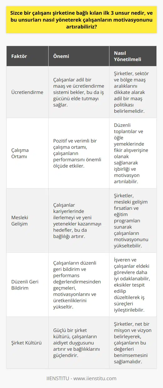 Çalışan bağlılığını artıran faktörler ve motivasyonun yükseltilmesi Çalışan bağlılığı, bir şirketin başarısı için oldukça önemli bir unsurdur ve üç temel faktörle sağlanabilir: ücretlendirme, çalışma ortamı, ve mesleki gelişim fırsatları. Şirketler, bu unsurları efektif bir şekilde yöneterek çalışanların motivasyonunu artırabilirler. Ücretlendirme: Adil maaş politikası Çalışanlar, iyi bir maaş ve mali açıdan adil bir ücretlendirme sistemi arayışındadır. Bu yüzden şirketler, sektördeki ve bölgedeki maaş aralıklarını dikkate alarak adil bir maaş politikası belirlemeli ve uygulamalıdır. Bu, hem iş gücü elde tutmayı sağlar hem de çalışanların görevlerine odaklanmalarına yardımcı olur. Çalışma ortamı: Verimlilik ve işbirliği için düzen Çalışanların iş arkadaşlarından memnuniyeti ve çalışma ortamında rahatlık hissi, performanslarını önemli ölçüde etkiler. Bu nedenle, şirketler pozitif ve verimli bir çalışma ortamı yaratmaya yönelik politikalar hazırlamalı ve çalışanlarını nu benimsemeye teşvik etmelidir. Bunun için, düzenli toplantılar ve öğle yemeklerinde fikir alışverişine olanak sağlanarak işbirliği ve motivasyon artırılabilir. Mesleki gelişim: Kariyer fırsatları ve eğitimler Çalışanlar, kariyerlerinde ilerlemeyi ve yeni yetenekler kazanmayı hedefler. Şirketler, bu hedefleri desteklemek için mesleki gelişim fırsatları ve eğitim programları sunarak bağlılığı artırabilirler. Bu, hem çalışanların motivasyonunu yükseltir, hem de şirketin sahip olduğu yetenek havuzunu zenginleştirir. Düzenli geri bildirim: İletişim ve performans değerlendirmesi Çalışanların düzenli geri bildirim ve performans değerlendirmesinden geçmeleri, motivasyonlarının ve üretkenliklerinin yükseltilmesi için olmazsa olmazdır. Bu süreç sayesinde, işveren ve çalışanlar, eldeki görevlere daha iyi odaklanabilir, eksikler tespit edilip düzeltilerek iş süreçlerinin iyileştirilmesi sağlanabilir. Sonuç olarak, şirketler, ücretlendirme politikalarının adaletini sağlayarak, çalışanların yer aldığı çalışma ortamını iyileştirerek ve mesleki gelişim fırsatlarını sunarak, çalışanlarının bağlılığını ve motivasyonunu artırabilirler. Bu da iş yerlerinin genel performansını ve verimliliğini olumlu yönde etkileyerek, şirketin başarısını gözle görülür biçimde artırır.