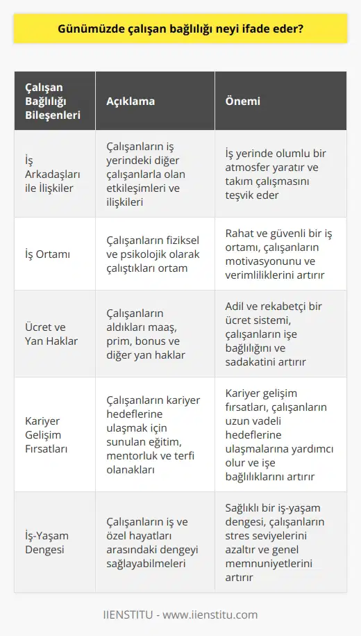 Çalışan bağlılığı, çalışanın iş arkadaşları, iş ortamı ve o iş için aldıkları giydirilmiş ücretten memnuniyetlerini ve olumsuz düşüncelerini ölçerek elde edilen bir veridir.