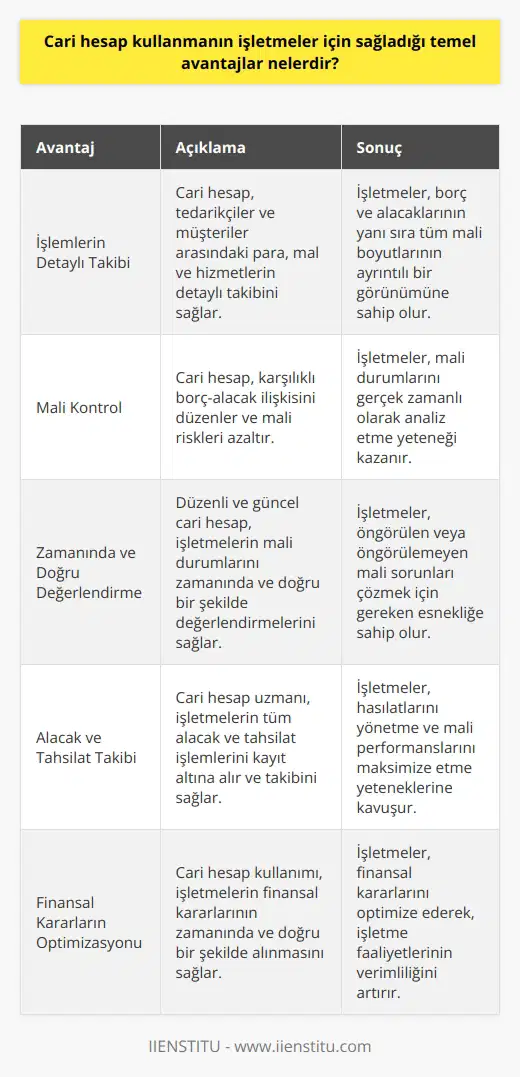 Cari hesap kullanmanın işletmeler için sağladığı temel avantajlar, işlemlerin takibi ve mali kontrolün sağlanmasıdır. Cari hesap, tedarikçiler ve müşteriler arasındaki paranın, malın ve hizmetlerin detaylı takibini sağlar. Bu durum, işletmelerin borç ve alacaklarının yanı sıra, tüm mali boyutlarının ayrıntılı bir görünümünü sunar. Bu durum, karşılıklı borç-alacak ilişkisini düzenler ve mali riskleri azaltır; böylece işletmelerin mali durumlarını gerçek zamanlı olarak analiz etme yeteneği sağlar. Cari hesap, düzenli ve güncel olmalıdır. Bu, işletmelerin mali durumlarını zamanında ve doğru bir şekilde değerlendirebilmeleri için kritik öneme sahiptir. Bu, öngörülen veya öngörülemeyen mali sorunları çözmek için gereken esnekliği sağlar. Ayrıca, cari hesap uzmanı, işletmelerin tüm alacak ve tahsilat işlemlerini de kayıt altına alır ve takibini sağlar. Bu da işletmelerin hasılatlarını yönetme ve mali performanslarını maksimize etme yeteneklerine katkıda bulunur. Sonuç olarak, cari hesap kullanmanın, tedarikçi ve müşteri işlemleri arasındaki tüm parasal, mal ve hizmet ilişkilerinin ayrıntılı takibi ile işletme faaliyetlerinin mali kontrolü açısından işletmelere bir dizi avantaj sağladığı söylenebilir. Bu, ayrıca işletmelerin finansal kararlarının zamanında ve doğru bir şekilde alınmasını sağlar.