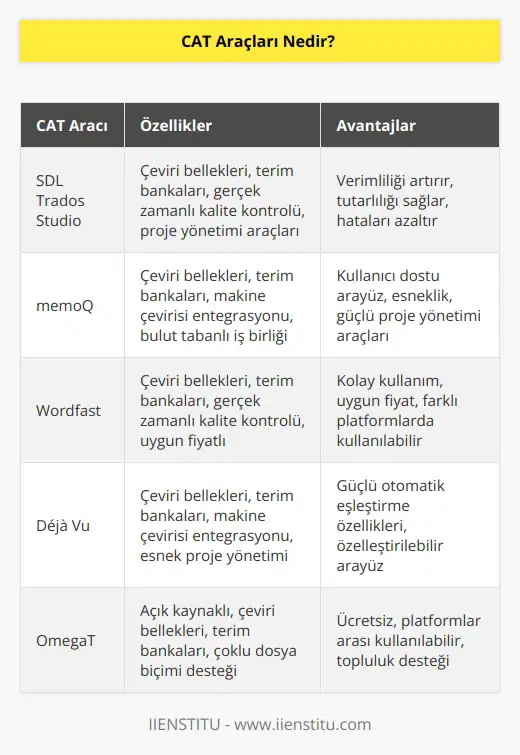 CAT, Computer-Assisted Translation yani Türkçesiyle bilgisayar destekli çeviri ifadesinin kısaltmasıdır. CAT Araçları günümüzde çeviri sektöründe en yaygın kullanılan, hemen her çevirmenin eli kolu haline gelmiş yazılımlardır.