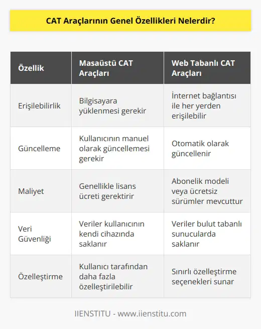 Bilgisayar destekli çeviri araçları dediğimiz yazılımların temelde iki türü vardır: Masaüstü ve web tabanlı yazılımlar. Birbirinden hem kapsam hem de mantık olarak çok farklı özelliklerinin yanında temelde hemen hepsinin müşterilerine sundukları özellikleri bulunur.