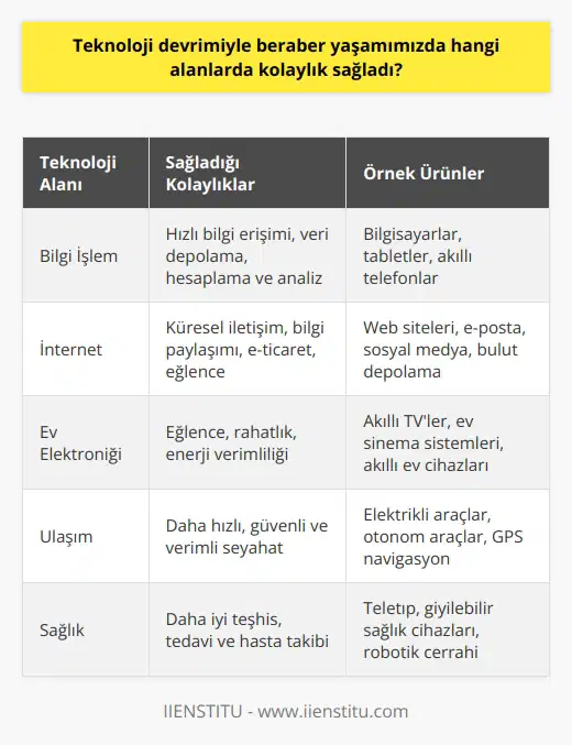 Teknoloji devrimiyle beraber yaşamımızda çok sayıda alanda kolaylık sağladı. Örnek olarak bilgisayarlar, internet, akıllı telefonlar, uzaktan kumanda sistemleri, hava ve kara taşıtları, cep telefonu, televizyon, ses ve görüntü kayıt teknolojileri, otonom araçlar ve dijital araçlar sayılabilir. Teknoloji, aynı zamanda evlerimizi, ofislerimizi ve işletmelerimizi daha verimli ve etkili hale getirdi. Teknoloji, ayrıca okullara, sağlık hizmetlerine, haberleşme ve iletişim sistemlerine ve çok daha fazlasına uygulandı.