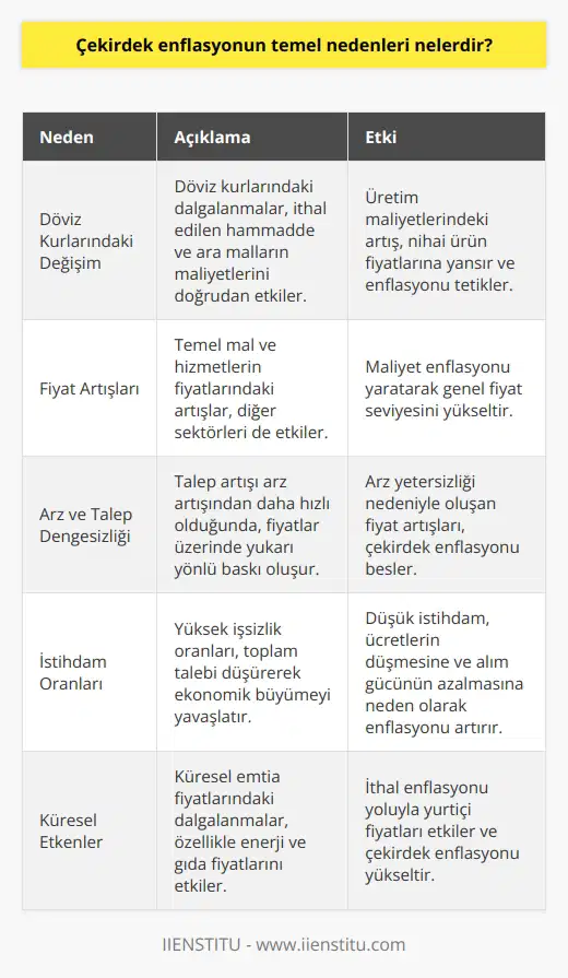 1. Döviz kurlarındaki değişim: Döviz kurlarındaki değişimler, ürünlerin maliyetlerini etkileyebilir. Bu nedenle, üretim maliyetlerindeki artışlar ürünlerin fiyatını etkileyebilir ve enflasyonu artırabilir.  2. Fiyat artışları: Fiyat artışları, ürünlerin maliyetlerindeki artışlardan kaynaklanan enflasyonlu bir etkisi olabilir.  3. Arz ve talep: Arz ve talebin karşılaşması, ekonomik faaliyetlerin değerlendirilmesinde önemli bir unsur olarak kabul edilir. Dengesizlikler arz ve talep dengesinin bozulmasına neden olabilir ve bu da ürünlerin fiyatlarını etkileyebilir.  4. İstihdam: Ekonomide düşük istihdam oranları, ücretlerin düşük olmasına ve ürünlerin fiyatlarının artmasına neden olabilir.  5. Küresel etkiler: Küresel piyasalardaki dalgalanmalar, ülkelerin maliyetlerinde ve ürünlerin fiyatlarında artışa neden olabilir.