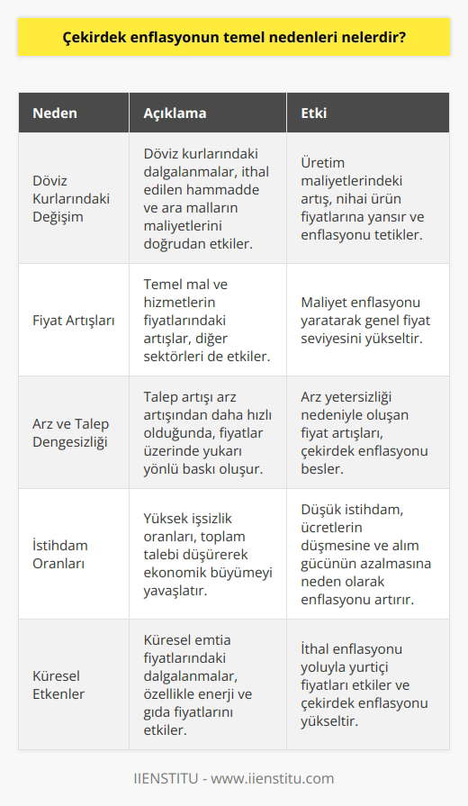 1. Döviz kurlarındaki değişim: Döviz kurlarındaki değişimler, ürünlerin maliyetlerini etkileyebilir. Bu nedenle, üretim maliyetlerindeki artışlar ürünlerin fiyatını etkileyebilir ve enflasyonu artırabilir. 2. Fiyat artışları: Fiyat artışları, ürünlerin maliyetlerindeki artışlardan kaynaklanan enflasyonlu bir etkisi olabilir. 3. Arz ve talep: Arz ve talebin karşılaşması, ekonomik faaliyetlerin değerlendirilmesinde önemli bir unsur olarak kabul edilir. Dengesizlikler arz ve talep dengesinin bozulmasına neden olabilir ve bu da ürünlerin fiyatlarını etkileyebilir. 4. İstihdam: Ekonomide düşük istihdam oranları, ücretlerin düşük olmasına ve ürünlerin fiyatlarının artmasına neden olabilir. 5. Küresel etkiler: Küresel piyasalardaki dalgalanmalar, ülkelerin maliyetlerinde ve ürünlerin fiyatlarında artışa neden olabilir.