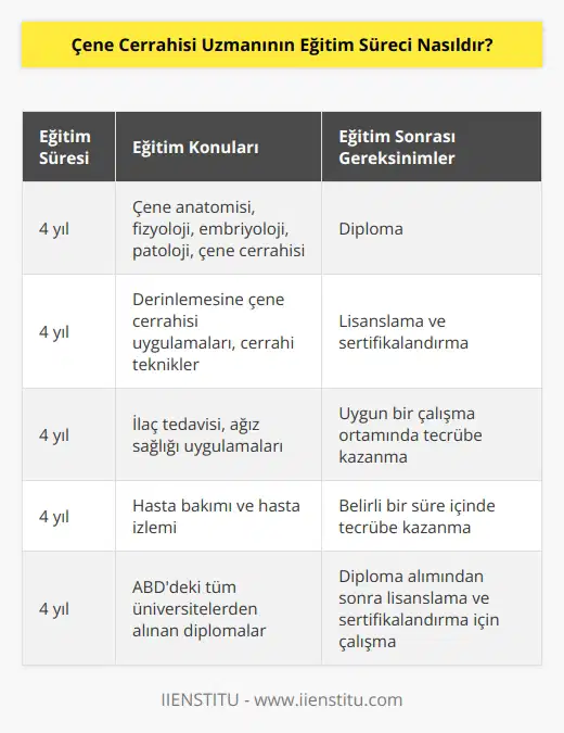 Çene Cerrahisi Uzmanının eğitim süreci, genellikle 4 yıllık bir eğitim süreci olup, bu süreçte cerrahlar, çene anatomisi, fizyoloji, embriyoloji, patoloji, çene cerrahisi konularında eğitim alırlar. Bu dört yıllık süreçte, ayrıca derinlemesine çene cerrahisi uygulamaları, cerrahi teknikler, ilaç tedavisi, ağız sağlığı uygulamaları, hasta bakımı ve hasta izlemi gibi konularda eğitim alınır. Dört yıllık eğitim sürecinin sonunda, çene cerrahlarının genellikle ABD’deki tüm üniversitelerden almış oldukları diplomaları vardır. Diplomanın alınmasından sonra, çene cerrahlarının lisanslama ve sertifikalandırma için belirli bir süre içinde uygun bir çalışma ortamında tecrübe kazanmaları gerekmektedir.