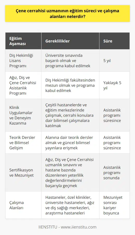 Eğitim Süreci  Çene cerrahisi uzmanı olmak isteyen bireylerin öncelikle diş hekimliği fakültesinden mezun olmaları gerekmektedir. Diş hekimliği lisans programını tamamladıktan sonra, uzmanlık eğitimi için çeşitli sağlık kurumlarında düzenlenen Ağız, Diş ve Çene Cerrahisi asistanlık programına dahil olmaları gerekmektedir. Bu süreç, yaklaşık beş yıl süreli bir eğitim periyodunu kapsar ve bireyin geniş bir teorik ve pratik bilgi birikimi elde etmeye olanak tanır.  Klinik Uygulamalar ve Deneyim  Özellikle ameliyat teknikleri, anestezi toleransları ve komplikasyonları yönetme gibi konularda deneyim kazanmak üzere asistanlar, çeşitli hastanelerde ve eğitim merkezlerinde çalışırlar. Asistanlar, bu süre zarfında, cerrahi konulara dair bilimsel çalışmalara da katılarak bilgi ve deneyimlerini geliştirirler.  Teorik ve Bilimsel Gelişim  Ağız, Diş ve Çene Cerrahisi uzmanlık eğitimi sırasında, asistanların alanlarına dair teorik dersler alması ve güncel bilimsel yayınlara erişimi esastır. Bu sayede, asistanlar, çene cerrahisi alanında en son gelişmeleri ve    teknikleri de öğrenme imkanı bulurlar.  Sertifikasyon ve Mezuniyet  Eğitim sürecinin sonunda, asistanların Ağız, Diş ve Çene Cerrahisi uzmanlık sınavını başarıyla geçmeleri ve hastane bazında düzenlenen yeterlilik değerlendirmelerinden geçmeleri gerekmektedir. Bu sürecin ardından bireyler, Ağız, Diş ve Çene Cerrahisi Uzmanı unvanını resmi olarak alarak kariyerlerine devam ederler.  Çalışma Alanları  Çene cerrahisi uzmanları, çoğunlukla hastanelerde, özel kliniklerde ve üniversite hastanelerinde görev yaparlar. Ağız ve diş sağlığı merkezlerinde ve polikliniklerinde çalışabilirler. Ayrıca, uzmanlar, araştırma hastanelerinde bilimsel ve mühendislik projelerinde de yer alarak çene cerrahisi alanındaki inovasyonlara katkıda bulunabilirler.
