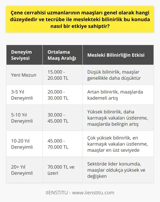 Çene Cerrahisi Uzmanlarının Maaşları ve Tecrübenin Etkisi  Çene cerrahisi uzmanlarının maaşları, eğitim sürecinin zorluğu ve yapılan işin karmaşıklığı nedeniyle genel olarak yüksektir. Ancak, bu maaşlar alanına göre, tecrübeye bağlı olarak ve meslekteki bilinirlik seviyesine göre değişkenlik gösterebilir. Bu işin özgünlüğü ve gerektirdiği eğitim düzeyi, çene cerrahisi uzmanlarının maaşlarını etkileyen önemli faktörlerdir.  Çene cerrahısının, tıp fakültelerinin en zor bölümlerinden biri olduğu kabul edilir. Bu, uzmanların ihtiyaç duyulan sayıya ulaşamamasına neden olurken, çene cerrahlarına olan talebi artırmaktadır. Bu talep ve arz dengesizliği, çene cerrahlarının maaşlarını artıran bir etkendir.  Dikkate alınması gereken diğer bir faktör de tecrübe ve meslekteki bilinirliktir. Çene cerrahlarının tecrübesi arttıkça ve meslekteki bilinirlikleri yükseldikçe, maaşlarında da bir artış görülür. Bu durum, genellikle daha karmaşık ve riskli operasyonları başarılı bir şekilde gerçekleştirebilecek deneyime sahip çene cerrahları için geçerlidir.  Sonuç olarak, çene cerrahisi uzmanlarının maaşları genel olarak yüksektir, ancak alanları, tecrübeleri ve meslekteki bilinirlik seviyelerine bağlı olarak değişiklik gösterir. Çene cerrahları genellikle karmaşık ve riskli operasyonlar gerçekleştirir ve bu da eğitim sürecinin zorluğunu ve işin karmaşıklığını yansıtır. Bu, çene cerrahlarına verilen maaşların neden genel olarak yüksek olduğunu açıklar. Ayrıca, daha deneyimli ve bilinen çene cerrahlarının genellikle daha yüksek maaş aldığı gözlemlenir.
