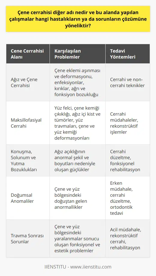Çene cerrahisi, ağız ve çene cerrahisi veya maksillofasiyal cerrahi olarak da bilinir. Bu alandaki uzmanlar, çene ve yüz bölgesinin yapısal ve işlevsel bozukluklarını tedavi etmek için cerrahi ve non-cerrahi teknikler uygularlar. Bu sorunlar genellikle, yüz felci, çene kemiği çıkıklığı, ağız içi kist ve tümörler, yüz travmaları, çene eklemi hastalıkları ve çene ve yüz kemiği deformasyonları gibi durumlardan kaynaklanır. Çene Cerrahisinde Karşılaşılan Problemler Çene cerrahisi, özellikle yetişkinlerde, çene ekleminin aşınması ve deformasyona uğraması, çene kemiği ve çevresindeki yumuşak dokuların enfeksiyonları, çene kemiği kırıkları ve çene ekleminde ağrı ve fonksiyon bozukluğu gibi durumları ele alır. Bu tür durumlar çenenin düzgün bir şekilde çalışmasına engel olur ve günlük işlevlerin yerine getirilmesini zorlaştırır. Çene Cerrahisinin Uygulama Alanları Ayrıca, çene cerrahisi, ağız açıklığının anormal şekil ve boyutları nedeniyle konuşma, solunum veya yutma güçlüğü yaşayan bireylerin tedavisi için de kullanılır. Bu genellikle, doğuştan gelen anormallikler veya travmaya bağlı sorunlar nedeniyle olur. Çene Cerrahisi Uzmanının Görevleri Çene cerrahisi uzmanı, ağız ve çene bölgesinin sert ve yumuşak dokularında hastalık, yaralanma veya bozuklukları tedavi etmek için cerrahi ve non-cerrahi teknikler uygular. Bu uzmanlar, hastalarının çiğneme ve yutma fonksiyonlarını iyileştiren ve yüz görünümünü düzgünleştiren çözümler sunarlar. Sonuç olarak, çene cerrahisi, çeşitli ağız ve çene sorunlarının tedavisi ve yönetimini sağlayan karmaşık ve çok yönlü bir alandır. Bu alanda uzmanlaşmış cerrahların, karmaşık çene ve yüz problemlerini çözebilmek için gereken bilgi ve becerilere sahip olması gerekir. Ancak bu sayede, çene cerrahisi, hastaların yaşam kalitesini önemli ölçüde artırabilir ve bu alanın önemi daha da anlaşılabilir hale gelir.