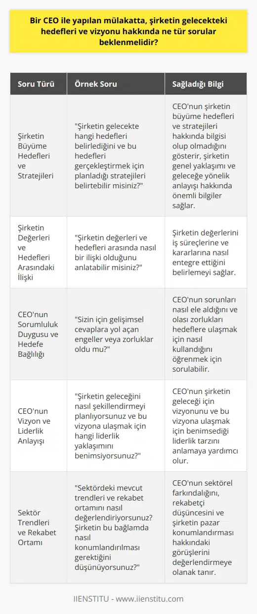 Bir CEO ile yapılan bir mülakatta, şirketin gelecekteki hedefleri ve vizyonu ile ilgili sorular farklı hatları kapsayabilir. İlk olarak, CEOnun bu konuda net bir algısı olup olmadığına dair ondan beklentiler netleştirilebilir. Örneğin, Şirketin gelecekte hangi hedefleri belirlediğini ve bu hedefleri gerçekleştirmek için planladığı stratejileri belirtebilir misiniz? gibi bir soru, CEOnun şirketin büyüme hedefleri ve stratejileri hakkında bilgisi olduğunu gösterir. Bu tür bir soru, CEOnun şirketin genel yaklaşımına ve geleceğe yönelik anlayışına dair önemli bilgiler sağlayabilir.  Bir başka önemli nokta, şirketin çekirdek değerlerine ve misyonuna göre hareket edip etmediğini görmektir. Bu durumu belirlemek için, Şirketin değerleri ve hedefleri arasında nasıl bir ilişki olduğunu anlatabilir misiniz? gibi bir soru yöneltilmelidir. Bu, şirketin değerlerini iş süreçlerine ve kararlarına nasıl entegre ettiğini belirlemeyi sağlar.   Son olarak, ama belki de en önemlisi, CEOnun bir sorumluluk duygusu ve hedeflere karşı taahhüdü olup olmadığını öğrenmek önemlidir. Bununla ilgili bir soru, Sizin için geliştirici cevaplara yol açan engeller veya zorluklar oldu mu? olabilir. Bu soru, CEOnun sorunları nasıl ele aldığını ve olası zorlukları nasıl hedeflere ulaşmak için kullandığını öğrenmek için sorulabilir.  Bu nedenle, bir CEO mülakatında, şirketin gelecekteki hedefleri ve vizyonu hakkında sorular yöneltilirken, bu çeşitli faktörleri değerlendirmek için çok yönlü bir yaklaşım alınmalıdır. Farklı sorular, cevabın kompleksliğini ve CEOnun yönetim biçimi ve liderlik yetenekleri hakkındaki anlayışını artırabilir.