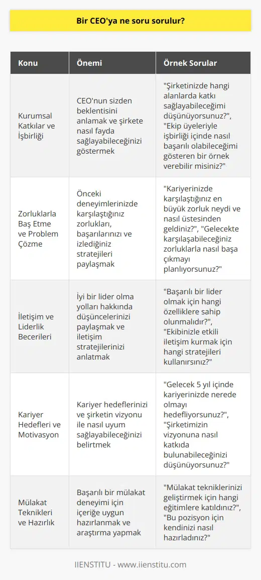 Bir CEO ile Gerçekleştirilecek Mülakat Soruları  Üst düzey yöneticilik pozisyonunda bir mülakata giriyorsanız, CEOya doğru sorular sormak önemlidir. Sorular, iş deneyiminiz ve kendinizi pazarlama kabiliyetinize odaklanmalıdır. Amacınız, CEO ve yönetim ekibi ile işbirliği yapabileceğinizi göstermektir.  Kurumsal Katkılar ve İşbirliği  İlk olarak, CEOnun sizden beklentisini anlamak önemlidir. Sizden ne kadar katkı sağlayabileceğinizi ve şirkete nasıl fayda sağlayabileceğinizi belirleyen sorular sormalısınız. Ayrıca, ekip üyeleriyle işbirliği içinde nasıl başarılı olabileceğinizi gösteren örnekler sunarak, yer aldığınız projeler ve grup çalışmalarında nasıl bir deneyime sahip olduğunuzu paylaşabilirsiniz.  Zorluklarla Baş Etme ve Problem Çözme  CEO, zorluklarla nasıl başa çıktığınızı ve hangi   ni kullandığınızı bilmek isteyecektir. Bu konuda sorular sorarak, önceki deneyimlerinizde karşılaştığınız zorlukları, başarılarınızı ve bu süreçte izlediğiniz stratejileri paylaşmalısınız. Aynı zamanda, şu an karşılaştığınız ve gelecekte karşılaşabileceğiniz zorlukları nasıl ele almayı düşündüğünüzü de ifade etmelisiniz.  İletişim ve Liderlik Becerileri  Bir üst düzey yönetici olarak iletişim ve liderlik becerileriniz, CEO için önemli bir değerlendirme kriteri olacaktır. İyi bir lider olma yolları hakkında düşüncelerinizi paylaşırken, başarılı iletişim stratejileri ve insan ilişkileri yönetiminde kazandığınız deneyimlere örnekler vererek, bu konularda kendinizi nasıl geliştirebileceğinizi anlatmalısınız.  Kariyer Hedefleri ve Motivasyon  Son olarak, CEOnun sizin kariyer hedefleriniz ve   nuzu anlamasına yardımcı olacak sorular sormalısınız. Kariyerinizde nerede olmayı hedeflediğinizi ve bu hedeflere ulaşmak için neler yapmayı planladığınızı açıklarken, şirketin vizyonu ve misyonu ile nasıl uyum sağlayabileceğinizi ve bu başarılara nasıl katkıda bulunabileceğinizi belirtmelisiniz.  Mülakat Teknikleri ve Hazırlık  Başarılı bir mülakat deneyimi için, sorduğunuz soruların içeriğine uygun bir şekilde hazırlanmalı ve araştırma yapmalısınız. Aynı zamanda, mülakat tekniklerini geliştirmek ve daha fazla bilgi edinmek için Enstitünün mülakat teknikleri eğitim programına katılmanız faydalı olacaktır.