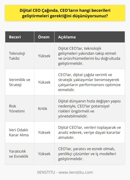 1. Teknoloji alanındaki gelişmeleri takip etmek: CEOlar, dijital CEO çağında, ürünlerini ve hizmetlerini özelleştirmek ve dijital iş modellerini tasarlayabilmek için teknolojinin son gelişmelerini takip etmek zorundadır.  2. Verimlilik ve stratejik yaklaşımların önemini anlamak: CEOlar, dijital CEO olarak, daha verimli ve stratejik yaklaşımlar kullanarak çalışanlarının maksimum performansını sağlamak ve çoklu platformlarda yüksek performanslı çözümler geliştirmek zorundadır.  3. Riskleri yönetmek: Dijital CEOlar, dijital dünyanın karmaşık ve hızlı değişen yapısını anlamalı ve bu ortamda ortaya çıkabilecek riskleri yönetebilmelidir.  4. Veriye dayalı kararlar almak: CEOlar, dijital çağda, verileri toplayarak ve anlayarak, veriye dayalı kararlar alabilmek zorundadır.  5. Yaratıcı ve esnek olmak: Dijital CEOlar, yaratıcı ve esnek olmalı ve farklı stratejiler geliştirmelidir. CEOlar, çözümleri ve ürünleri geliştirirken, yenilikçi yaklaşımları ve esnek iş modellerini kullanmalıdır.
