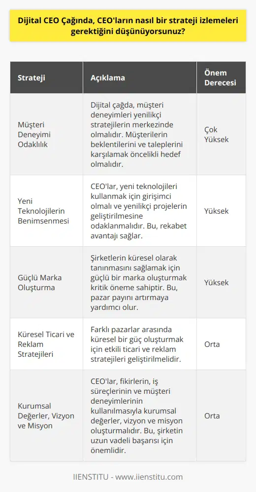 CEOlar, bugünün dijital çağında, özellikle de küresel ölçekte çalışan bir şirket yönetiyorsa, yenilikçi stratejilerinin merkezinde müşteri deneyimleri olmalıdır. Bu stratejiler, müşterilerin beklentilerini karşılamaya ve onların taleplerini karşılamaya odaklanmalıdır. CEOlar ayrıca yeni teknolojileri kullanmak için girişimci olmalı ve yenilikçi projelerin geliştirilmesine odaklanmalıdır. Bunun yanı sıra, CEOların şirketlerinin küresel olarak tanınmasını sağlamak için güçlü bir marka oluşturmaları da çok önemlidir. Farklı pazarlar arasında küresel bir güç oluşturmak için ticari ve reklam stratejileri de önemlidir. CEOlar, ayrıca, kurumsal değerler, vizyon ve misyonlar ve stratejiler oluşturmak için fikirlerin, işletme süreçlerinin ve müşteri deneyimlerinin kullanılmasını sağlamalıdır.