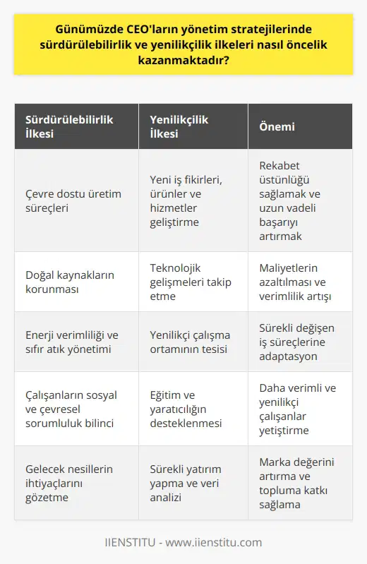 Sürdürülebilirlik ve Yenilikçilik İlkeleri Günümüzde CEOların yönetim stratejilerinde sürdürülebilirlik ve yenilikçilik ilkeleri, şirketlerin sürekli değişen iş dünyasında rekabet üstünlüğü sağlamaya ihtiyaç duyması sebebiyle öncelik kazanmaktadır. Bu bağlamda öncelikli olarak sürdürülebilirliği; şirketin ekonomik, çevresel ve sosyal etkilerini dikkate alarak, gelecek nesillerin ihtiyaçlarını gözeterek kararlar almak olarak tanımlayabiliriz. Çevre Dostu Üretim CEOlar, sürdürülebilirliği sağlamak amacıyla üretim süreçlerini çevre dostu hale getirmeli ve bu sayede doğal kaynakları korumayı sağlamalıdırlar. Ayrıca enerji verimliliği, sıfır atık yönetimi ve kırsal alanların sürdürülebilirliği gibi konular ağırlık kazanmaktadır. Şirketlerin bu konudaki yatırımları, başta enerji sarfiyatı olmak üzere maliyetlerin azaltılmasına ve dolayısıyla daha uzun vadeli başarıya katkıda bulunur. Yenilikçilik Stratejiye Entegrasyonu Yenilikçilik ise, şirketin sürekli aldığı verileri ve teknolojik gelişmeleri takip ederek yeni iş fikirleri, ürünler ve hizmetler geliştirmeyi hedeflemesi olarak tanımlanır. Günümüzün hızlı değişimine ayak uydurarak, şirketlerin sürekli yenilikçi olmaları ve gelecekteki başarıları için gereklidir. CEOlar, bu sürece sürekli yatırım yaparak ve yenilikçi bir çalışma ortamını tesis ederek şirketlerin rekabet avantajını sağlayabilirler. Çalışanlar ve İş Ortamı Sürdürülebilirlik ve yenilikçilik, şirketin çalışanlarının ve iş ortamının da sürekli gelişimine odaklanmalıdır. İyi bir lider olarak CEOlar, eğitim ve yaratıcı yi destekleyerek daha verimli ve yenilikçi çalışanlar yetiştirmelidirler. Aynı zamanda, çalışanların sosyal ve çevresel sorumluluk bilincini artırarak sürdürülebilirlik ilkelerine bağlı kalmalarını sağlamalıdırlar. Sonuç olarak, günümüzde CEOların yönetim stratejilerinde sürdürülebilirlik ve yenilikçilik ilkelerine öncelik verilmesi, şirketlerin rekabet güçlü bir pozisyonda kalması ve ile marka değerini artırmaları için kaçınılmazdır. Bu nedenle, gerek sürdürülebilirlik girişimlerine ve gerekse yenilikçi uygulama ve projelere yatırım yaparak, şirketlerin sürekli değişen iş süreçlerine adapte olmaları ve başarılı olabilmesi sağlanabilir.