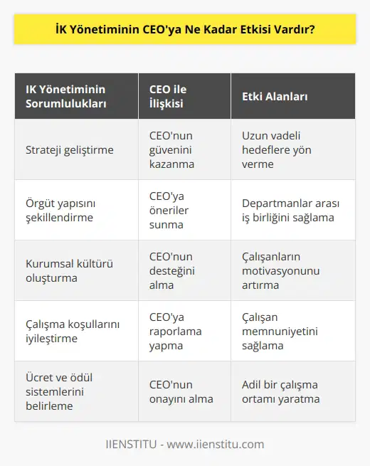 İK Yönetimi, CEOya çok fazla etkide bulunur. İK Yönetiminin strateji, örgüt yapısı, kurumsal kültür, insan kaynaklarının çalışma koşulları, ücret ve ödül sistemleri gibi konularda kararlar almasına yol açacak önemli hamleler yapma yetkisine sahiptir. İK Yönetimi, çalışanların verimliliğini arttırmak, çalışan memnuniyetini sağlamak ve işletmenin genel performansını iyileştirmek için çalışır. CEO, İK Yönetiminin önerilerine ve önerdiği stratejilere güvenip, uygulamalarını desteklemelidir. İK Yönetiminin CEOya etkisi, işletmeye kalıcı ve geri dönüşü olmayan kararlar alma yetkisine sahiptir.