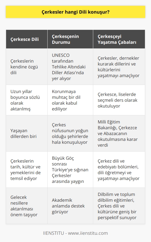 Çerkesler, genel olarak Çerkesce dili konuşurlar. Çerkesce, Çerkeslerin kendine özgü bir dili olup, uzun yıllar boyunca sözlü olarak aktarılan bir dildir. Bu dil, yaşayan dillerden biri olmakla birlikte UNESCO tarafından Tehlike Altındaki Diller Atlasında yer alarak korunmaya muhtaç bir dil olduğunu gösterir. Çerkesler, dillerinin yok olmaması ve gelecek nesillere aktarılması için kendi derneklerini kurarak bu konuda önemli adımlar atmaktadırlar. Çerkesceyi yaşatmayı amaçlayan bu dernekler, dilin yanında Çerkes tarihi, kültürü, yemekleri gibi değerleri de ayakta tutmayı hedefler. Çerkesler, dillerini sadece kendi aralarında değil, bir sonraki a da aktarmaya özen göstermektedirler. Ülkemizde Çerkesce, liselerde seçmeli bir ders olarak okutulmaktadır. Çerkes nüfusunun yoğun olduğu şehirlerde sıklıkla bu dili k için seçilir. Bu uygulama, dilin yaşatılması konusunda önemli bir adım olmuştur. Milli Eğitim Bakanlığı, 2012 yılında okullarda “Yaşayan Diller ve Lehçeler” dersi altında Çerkezce ve Abazacanın okutulmasına karar vermiştir. Çerkesce dili, son dönemlerde akademik anlamda da destek görmektedir. Çerkez dili ve edebiyatı bölümü, öğrencilere Çerkezceyi öğretmeyi ve bu dili yaşatmayı amaçlamaktadır. Bu bölüm, öğrencilere dilbilim ve toplum dilbilim eğitimi de vererek, Çerkes dili ve kültürü konusunda geniş bir perspektif sunar. Büyük Göç sonrası çoğu Çerkesin Türkiyeye sığınmasının ardından, bu tür eğitim programları Çerkes dili ve kültürünün yaşatılmasına katkı sağlamaktadır. Sonuç olarak, Çerkesler, Çerkesceyi korumak ve gelecek nesillere aktarabilmek için çeşitli girişimlerde bulunmaktadırlar. Bu girişimler arasında linguistik alanında uzmanlaşmış akademisyenler ve eğitimciler tarafından desteklenmekte ve bu sayede Çerkes dili ve kültürü daha geniş kitlelere ulaşmaktadır. Bu dilin yaşatılması ve korunması, hem Çerkes halkının tarihi ve kültürel kimliğinin korunması hem de çeşitliliğin ve kültürel zenginliğin desteklenmesi açısından önemlidir.