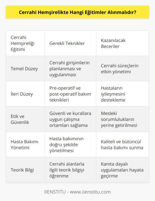 Cerrahi hemşirelik eğitimi almak isteyenlerin, cerrahi alanında temel ve ileri düzey teknikleri öğrenmesi gerekmektedir. Bu teknikler arasında cerrahi girişimlerin planlanması ve uygulanması, cerrahi alanlar için temel pre-operatif ve post-operatif bakım, cerrahi alanlarda hastaların iyileşmesini destekleyen teknikler ve cerrahi alanlarda güvenli, etik ve kurallara uygun çalışma ortamlarının sağlanması sayılabilir. Ayrıca, cerrahi alanlarda hasta bakımının doğru bir şekilde yönetilmesi, cerrahi alanlarda mevcut olan bilgiyi kullanması ve cerrahi alanlarla ilgili teorik bilgiyi öğrenmesi gerekmektedir.