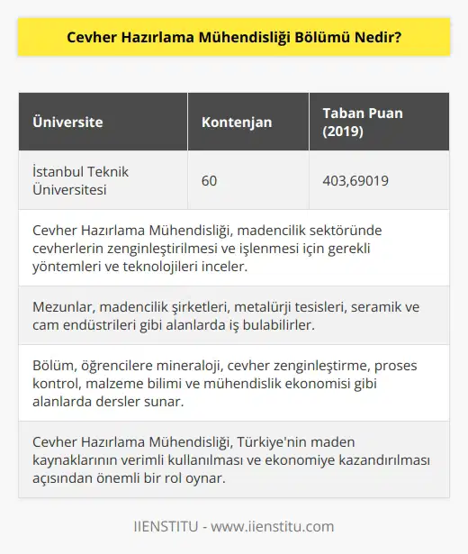 Üniversitelerde 4 yıllık lisans eğitimi olarak karşımıza çıkan Cevher hazırlama mühendisliği, maden fakültesi altında eğitim verir. Bölümü tercih edecek adayların sayısal puan türünden tercih yapması gerekir. Bir yıl zorunlu İngilizce hazırlık eğitimi veren bölüm, 2019-2020 yılında yalnızca bir üniversitede faaliyet göstermektedir.
