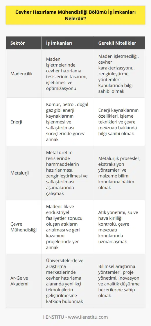 Cevher hazırlama mühendisleri, bulundukları alanda mezun sayısının az olmasının da sağladığı kolaylık ve mezunlara olan ihtiyaç sebebiyle geniş bir yelpazede iş imkânına sahiptir. Cevher hazırlama mühendisleri, madenler ve enerji kaynakları üzerine çalışmalarını devam ettiren çok sayıda kurumda yer alabilir. Özel ve kamu sektöründe birçok endüstride kariyerlerini devam ettirebilirler.