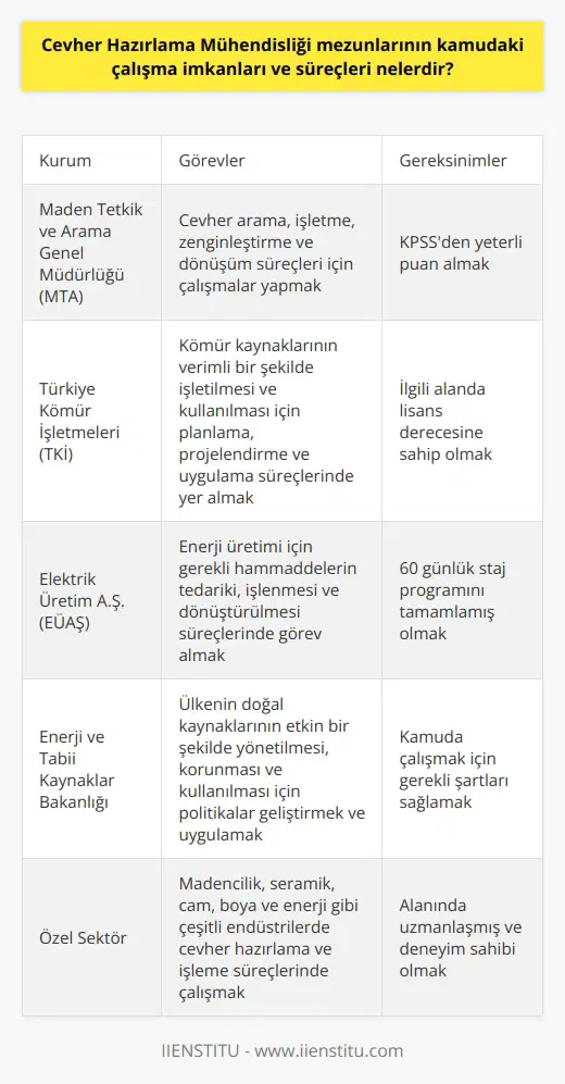 Cevher Hazırlama Mühendisliği Mezunlarının Kamudaki Çalışma İmkanları ve Süreçleri  Cevher hazırlama mühendisliği mezunları, doğal kaynakların demir çelik, seramik, cam, enerji, boya endüstrisi gibi alanlarda kullanılabilir hale gelmesi için yapılan çalışmaları gerçekleştirirler. Bu mühendislik dalında eğitim alan mezunlar, kamuda ve özel sektörde farklı alanlarda çalışma imkanına sahiptirler.  Kamu Sektöründeki Çalışma Alanları  Cevher hazırlama mühendisliği mezunları, kamu sektöründe madencilik, enerji ve doğal kaynaklar gibi alanlarda faaliyet gösteren kurum ve kuruluşlarda görev alabilirler. Bu kurumlar arasında; Maden Tetkik ve Arama Genel Müdürlüğü (MTA), Türkiye Kömür İşletmeleri (TKİ), Elektrik Üretim A.Ş. (EÜAŞ) ve Enerji ve Tabii Kaynaklar Bakanlığı bulunmaktadır. Bu kuruluşlarda; cevher arama, işletme, zenginleştirme ve dönüşüm süreçleri için yapılan çalışmalara ve teknolojik işlemlere katkı sağlarlar.  Süreç İzlenimi ve Kamuda Çalışma Koşulları  Cevher hazırlama mühendisliği mezunlarının, kamuda çalışabilmeleri için öncelikle Kamu Personel Seçme Sınavı (KPSS) ile ilgili puan türünden yeterli puan almaları gerekmektedir. KPSS puanlarına göre yapılan merkezi yerleştirme sonucunda atanarak kamuda göreve başlayabilirler. Kamuda çalışan cevher hazırlama mühendisleri, ülkemizde yer alan doğal kaynakların en verimli şekilde işletilmesi ve kullanılması için gerekli planlama, projelendirme ve uygulama süreçlerinde yer alırlar.  Staj İmkanları ve İş Hayatına Geçiş  Cevher hazırlama mühendisliği bölümünde öğrenim gören öğrenciler, 60 günlük staj zorunluluğu ile iş hayatına hazırlanırlar. Staj süreçlerinde, mezun olduktan sonra çalışabilecekleri kamu ve özel sektördeki işletmelerde tecrübe edinme imkanı sağlanır. Staj tamamlanmasının ardından, öğrenciler mezuniyet sonrası iş hayatına daha rahat adapte olurlar.  Sonuç olarak, cevher hazırlama mühendisliği mezunları, kamudaki çalışma imkanları ve süreçler açısından oldukça geniş bir yelpazede kariyer fırsatlarına sahiptirler. Bu alanda yetişmiş nitelikli uzmanlara duyulan ihtiyaç nedeniyle, mezunlar çeşitli sektörlerde ve kurumlarda iş bulma şansı yakalamaktadırlar.
