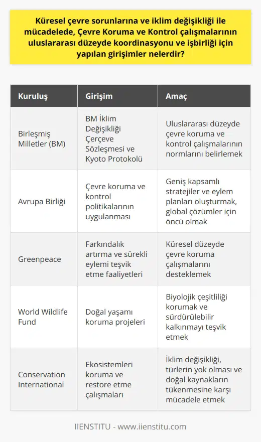 Küresel çevre sorunları ve iklim değişikliği ile mücadelede Çevre Koruma ve Kontrol çalışmalarının uluslararası düzeyde koordinasyonu ve işbirliği için önemli girişimler bulunmaktadır. Bu girişimler, çevre kirliliğinin artan boyutlarına ve insan sağlığına verdiği zararlı etkilere karşı global bir direnişi kapsar. Özellikle son yıllarda küresel iklim değişikliği, çölleşme, atık maddeler ve biyolojik çeşitliliğin azalması gibi hususlar çevre sorunlarının gündemde kalmasını sağlamıştır. Birincil olarak, Birleşmiş Milletler (BM) çatısı altında çeşitli kurum ve organizasyonlar çevre koruma ve kontrol çalışmalarını yürütmektedir. BM İklim Değişikliği Çerçeve Sözleşmesi ve Kyoto Protokolü gibi süreçler, uluslararası düzeyde çevre koruma ve kontrol çalışmalarının normlarını belirlemektedir. BMnin bu alandaki rolü, küresel çevre sorunlarına dikkati çekmek, politika önerileri geliştirmek ve üye devletlerin politika uygulamalarını denetlemek olarak özetlenebilir. Uluslararası düzeyde, Avrupa Birliği gibi sürekli genişleyen birlikler de çevre koruma ve kontrol politikalarının uygulanmasına önem vermektedir. Avrupa Komisyonu, çevre koruma ve kontrol konularında geniş kapsamlı stratejiler ve eylem planları oluşturmuş ve bu yapısı ile global çözümler için bir öncü olmuştur. Tüm bu çabaların yanı sıra, sivil toplum kuruluşları, çevre koruma ve kontrol konusunda önemli bir rol oynamaktadır. Greenpeace, World Wildlife Fund ve Conservation International gibi büyük çevre organizasyonları, hem farkındalığı artırmak hem de sürekli eylemi teşvik etmek adına küresel düzeyde faaliyet göstermektedirler. Sonuç olarak, küresel çevre sorunlarına ve iklim değişikliği ile mücadelede, Çevre Koruma ve Kontrol çalışmaları çatısında uluslararası düzeyde yapılan girişimler sürekli artmaktadır. Bu çözümler, bireyi, yerel toplulukları ve devletleri çevreyi koruma konusunda bilinçlendirmek ve eyleme geçmeye teşvik etmek için hayati öneme sahiptir.