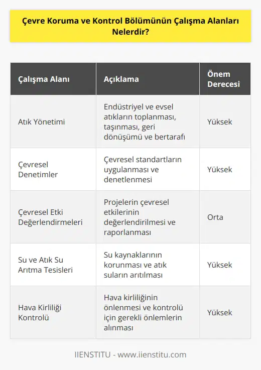 1. Atık yönetimi yönetimi 2. Çevresel denetimler ve standartların uygulanması 3. Endüstriyel ve evsel atıkların çevresel etkilerinin hakkında raporlar hazırlamak 4. Çevresel kirliliğe karşı etkin önlemler almak 5. İklim değişikliğine karşı önlemler almak 6. Doğal kaynakların korunması 7. Çevre kirliliğini önlemek için çevresel kuralların uygulanması 8. Çevresel etki değerlendirmeleri yapmak 9. Su arıtma ve atık su arıtma tesislerinin denetimi 10. Hava kirliliği kontrolü
