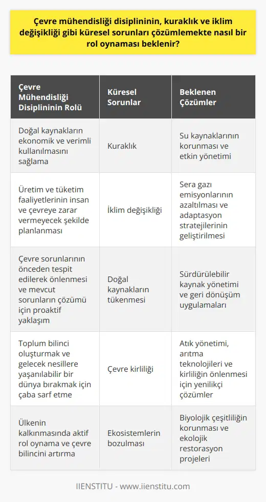 Çevre Mühendisliği ve Küresel Sorunların Çözümü  Çevre mühendisliği disiplininin, kuraklık ve iklim değişikliği gibi küresel sorunları çözümlemekte önemli bir rol oynaması beklenir. Çünkü bu disiplin, doğal kaynakların ekonomik ve verimli kullanılmasını sağlarken, aynı zamanda üretim ve tüketim faaliyetlerinin insan ve çevreye zarar vermeyecek şekilde planlanmasına odaklanır. Bu bağlamda, çevre mühendisleri matematik, fizik, kimya ve biyoloji gibi temel bilimlerin yanı sıra hidroloji, ekoloji, jeoloji, kimya ve mikrobiyoloji gibi alanlardan beslenerek yerel ve küresel çevre sorunlarına çözümler önerirler.  Çevre Kalitesi ve İnsan Sağlığına Katkı  Çevre mühendislerinin çalışmaları, çevre kalitesi ve insan sağlığı üzerinde olumlu etkiler yaratır. Bu disiplin, çevre sorunlarının önceden tespit edilerek önlenmesi ve mevcut sorunların çözümü için proaktif bir yaklaşım sergiler. Bu sayede, toplum bilinci oluşturmak ve gelecek nesillere yaşanılabilir bir dünya bırakmak adına önemli çabalar sarf ederler.  Kuraklık ve İklim Değişikliğiyle Mücadele  Küresel iklim değişikliği ve kuraklık sorunları, doğal kaynakların tükenmesi ve kirlenmesiyle doğrudan ilişkilidir. Bu nedenle, bu sorunları çözmek için çevre mühendislerinin etkin çözümler sunması ve sürdürülebilir yöntemler önermesi beklenir. Özellikle su kaynaklarının korunması, atık yönetimi ve doğal kaynakların verimli kullanılması konularında önemli rol üstlenirler.  Sürdürülebilir Kalkınma ve Toplum Bilinci  Çevre mühendisleri, 21. yüzyılda çevre sorunlarına proaktif bir bakış açısı getirerek ülkenin kalkınmasında aktif rol oynarlar. Bunun yanı sıra, toplumun çevre bilincini artırmak ve sorumluluklarını yerine getirmeleri için gerekli bilgi ve donanıma sahip olmalarını sağlarlar. Bu sayede, gelecekte çevre ve insan sağlığı açısından daha yaşanılabilir, sürdürülebilir ve sağlıklı bir dünyanın oluşumuna katkıda bulunurlar. Bu nedenle, toplumun ve bireylerin bu mühendislik alanına daha fazla destek vermesi ve farkındalık yaratması önemlidir.
