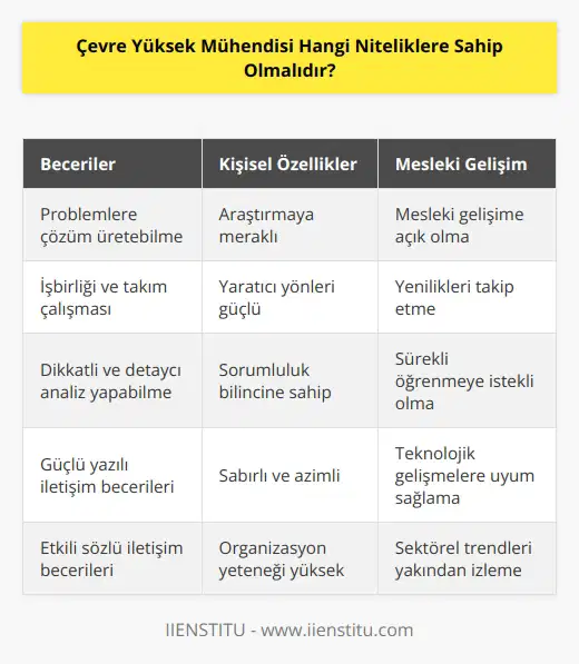 Çevre yüksek mühendisi; problemlere çözüm üretebilme becerisine sahip olmalı, araştırmaya meraklı ve yaratıcı yönlerinin güçlü olması gerekir. İşbirliği ve takım çalışması becerisi sergilerken, ve sorumluluk bilincine sahip olmaları gerekir. Analizlerinde dikkatli ve detaycı yaklaşımlar sergilemeli, güçlü yazılı ve becerisi sergilemeli, mesleki gelişim ve yeniliklere de açık olmalıdır.