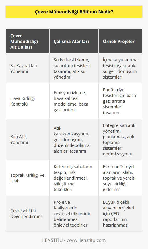 Çevre Mühendisliği bölümü çevrede yapılan bütün üretim ve tüketim faaliyetlerini, insanların sağlığına, refahına ve doğal dengeye zarar vermeyecek şekilde planlayarak, gereken önlemlerin alınmasını sağlar. Toprağın, havanın, suyun   lerini yapar. Hava kirliliğinin önlenmesi için baca gazlarının artırımı ve yakıt seçimi gibi konularda hizmet verir.