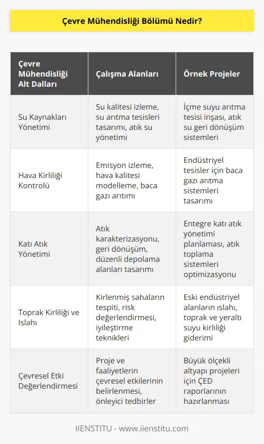 Çevre Mühendisliği bölümü çevrede yapılan bütün üretim ve tüketim faaliyetlerini, insanların sağlığına, refahına ve doğal dengeye zarar vermeyecek şekilde planlayarak, gereken önlemlerin alınmasını sağlar. Toprağın, havanın, suyun lerini yapar. Hava kirliliğinin önlenmesi için baca gazlarının artırımı ve yakıt seçimi gibi konularda hizmet verir.