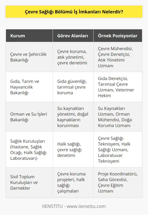 Çevre ve Şehircilik Bakanlığı, Gıda, Tarım ve Hayvancılık Bakanlığı, Orman ve Su İşleri Bakanlığı ve bunların il müdürlüklerinde çalışabilirler. Hastane, sağlık ocağı, Halk Sağlığı Laboratuvarı, İller Bankası ve İl Özel İdarelerinde çalışabilirler. Çevre koruma ve insan sağlığı üzerine çalışmalar yapan dernek ve STK’larda da çalışabilirler.