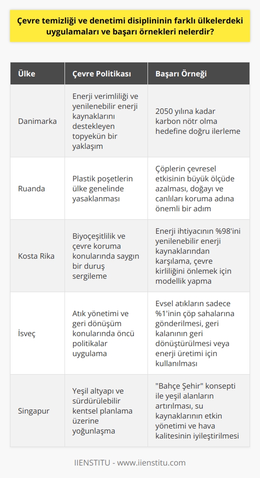Çevre temizliği ve denetimi disiplini üzerine gerçekleştirilen global uygulamaları inceleyerek, bu alandaki   nden ders çıkarabiliriz. Örneğin, Danimarka, çevresel etkilere önem vererek, enerji verimliliğini ve yenilenebilir enerji kaynaklarını destekleyen topyekün bir yaklaşıma öncülük etmiştir. Bu kirletici güçleri dengeleyen politikaları ve sıkı çevresel denetimleri ile bu ülke, 2050 yılına kadar karbon nötr olma hedefine doğru ilerlemektedir.  Özgül bir başka örnek olarak ise Ruandayı ele alabiliriz. Bu Afrika ülkesi, plastik poşetlerin ülke genelinde yasaklanması ile çarpıcı bir çevre bilinci sergilemiştir. Bu yasa sayesinde çöplerin çevresel etkisi, doğayı ve canlıları koruma adına büyük ölçüde azalmıştır.  Kosta Rika ise biyoçeşitlilik ve çevre koruma konularında çok saygın bir duruş sergileyen bir başka ülkedir. Bu ülke, iklim değişikliği ile mücadelede dünya lideri olmuştur. Hükümet, enerji ihtiyaçlarının yüzde 98ini yenilenebilir enerji kaynaklarından karşılamakta ve böylece çevre kirliliğini önlemek için modellik yapmaktadır.  Sonuç olarak, çevre temizliği ve denetimi disiplininden daha geniş kapsamlı bir yol izlemek ve doğayı koruma adına alınan önemli adımlar, çeşitli ülkelerin yle kanıtlanmıştır. Bunlar, temiz bir ortam oluşturmayı ve gelecek nesillerin bienali garanti etmeyi hedefleyen herkese ilham olacak eylemlerdir.
