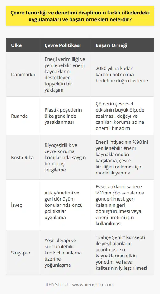 Çevre temizliği ve denetimi disiplini üzerine gerçekleştirilen global uygulamaları inceleyerek, bu alandaki nden ders çıkarabiliriz. Örneğin, Danimarka, çevresel etkilere önem vererek, enerji verimliliğini ve yenilenebilir enerji kaynaklarını destekleyen topyekün bir yaklaşıma öncülük etmiştir. Bu kirletici güçleri dengeleyen politikaları ve sıkı çevresel denetimleri ile bu ülke, 2050 yılına kadar karbon nötr olma hedefine doğru ilerlemektedir. Özgül bir başka örnek olarak ise Ruandayı ele alabiliriz. Bu Afrika ülkesi, plastik poşetlerin ülke genelinde yasaklanması ile çarpıcı bir çevre bilinci sergilemiştir. Bu yasa sayesinde çöplerin çevresel etkisi, doğayı ve canlıları koruma adına büyük ölçüde azalmıştır. Kosta Rika ise biyoçeşitlilik ve çevre koruma konularında çok saygın bir duruş sergileyen bir başka ülkedir. Bu ülke, iklim değişikliği ile mücadelede dünya lideri olmuştur. Hükümet, enerji ihtiyaçlarının yüzde 98ini yenilenebilir enerji kaynaklarından karşılamakta ve böylece çevre kirliliğini önlemek için modellik yapmaktadır. Sonuç olarak, çevre temizliği ve denetimi disiplininden daha geniş kapsamlı bir yol izlemek ve doğayı koruma adına alınan önemli adımlar, çeşitli ülkelerin yle kanıtlanmıştır. Bunlar, temiz bir ortam oluşturmayı ve gelecek nesillerin bienali garanti etmeyi hedefleyen herkese ilham olacak eylemlerdir.