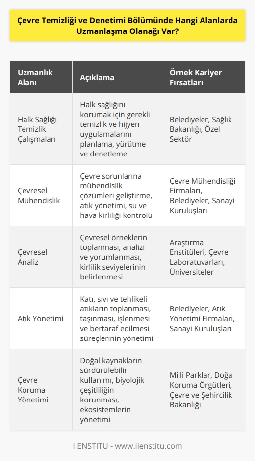 Çevre temizliği ve denetimi bölümünde uzmanlaşma olanağı sunan alanlar arasında; halk sağlığı temizlik çalışmaları, çevresel denetim, çevresel mühendislik, çevresel bilim, çevresel kirliliğin kontrolü, çevresel analiz, çevresel düzenleme, çevresel eğitim, atık yönetimi, doğal kaynak yönetimi ve çevre koruma yönetimi yer alır.