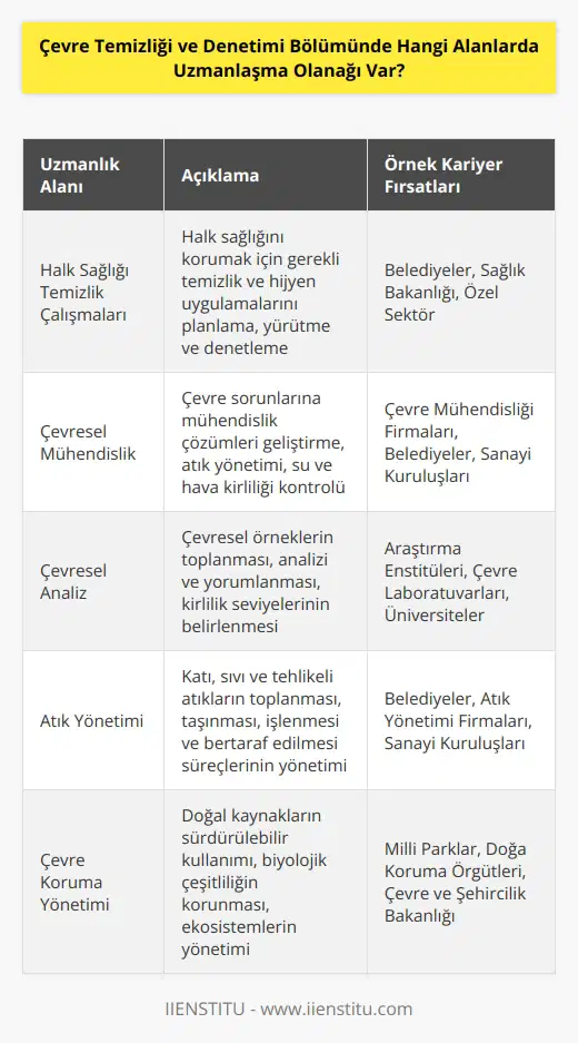 Çevre temizliği ve denetimi bölümünde uzmanlaşma olanağı sunan alanlar arasında; halk sağlığı temizlik çalışmaları, çevresel denetim, çevresel mühendislik, çevresel bilim, çevresel kirliliğin kontrolü, çevresel analiz, çevresel düzenleme, çevresel eğitim, atık yönetimi, doğal kaynak yönetimi ve çevre koruma yönetimi yer alır.
