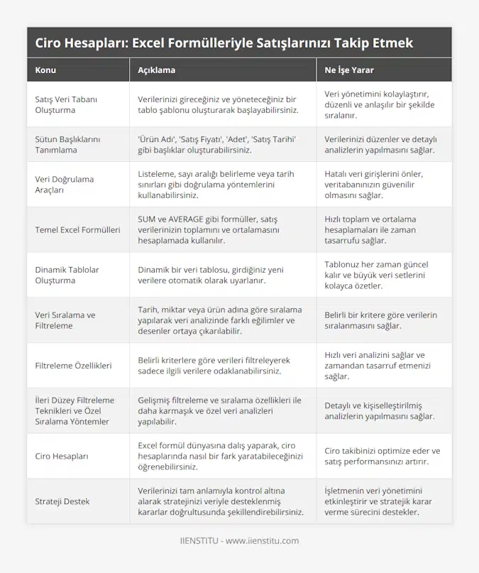 Satış Veri Tabanı Oluşturma, Verilerinizi gireceğiniz ve yöneteceğiniz bir tablo şablonu oluşturarak başlayabilirsiniz, Veri yönetimini kolaylaştırır, düzenli ve anlaşılır bir şekilde sıralanır, Sütun Başlıklarını Tanımlama, 'Ürün Adı', 'Satış Fiyatı', 'Adet', 'Satış Tarihi' gibi başlıklar oluşturabilirsiniz, Verilerinizi düzenler ve detaylı analizlerin yapılmasını sağlar, Veri Doğrulama Araçları, Listeleme, sayı aralığı belirleme veya tarih sınırları gibi doğrulama yöntemlerini kullanabilirsiniz, Hatalı veri girişlerini önler, veritabanınızın güvenilir olmasını sağlar, Temel Excel Formülleri, SUM ve AVERAGE gibi formüller, satış verilerinizin toplamını ve ortalamasını hesaplamada kullanılır, Hızlı toplam ve ortalama hesaplamaları ile zaman tasarrufu sağlar, Dinamik Tablolar Oluşturma, Dinamik bir veri tablosu, girdiğiniz yeni verilere otomatik olarak uyarlanır, Tablonuz her zaman güncel kalır ve büyük veri setlerini kolayca özetler, Veri Sıralama ve Filtreleme, Tarih, miktar veya ürün adına göre sıralama yapılarak veri analizinde farklı eğilimler ve desenler ortaya çıkarılabilir, Belirli bir kritere göre verilerin sıralanmasını sağlar, Filtreleme Özellikleri, Belirli kriterlere göre verileri filtreleyerek sadece ilgili verilere odaklanabilirsiniz, Hızlı veri analizini sağlar ve zamandan tasarruf etmenizi sağlar, İleri Düzey Filtreleme Teknikleri ve Özel Sıralama Yöntemler, Gelişmiş filtreleme ve sıralama özellikleri ile daha karmaşık ve özel veri analizleri yapılabilir, Detaylı ve kişiselleştirilmiş analizlerin yapılmasını sağlar, Ciro Hesapları, Excel formül dünyasına dalış yaparak, ciro hesaplarında nasıl bir fark yaratabileceğinizi öğrenebilirsiniz, Ciro takibinizi optimize eder ve satış performansınızı artırır, Strateji Destek, Verilerinizi tam anlamıyla kontrol altına alarak stratejinizi veriyle desteklenmiş kararlar doğrultusunda şekillendirebilirsiniz, İşletmenin veri yönetimini etkinleştirir ve stratejik karar verme sürecini destekler