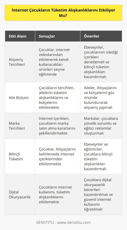 İnternet videoları izleyen çocukların ebeveynleriyle birlikte yaptıkları alışveriş sırasında kendi kullanacakları ürünleri seçmelerinde ve dolayısıyla ailelerin tüketim tercihlerinde internet içeriklerinin etkili olduğu tespit edilmiş. İnternet çocuğun ihtiyaçlarını ve marka satın alma kararlarını tümüyle etkilemekte.