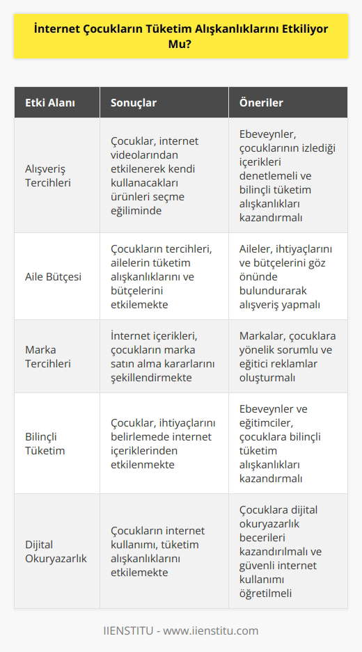 İnternet videoları izleyen çocukların ebeveynleriyle birlikte yaptıkları alışveriş sırasında kendi kullanacakları ürünleri seçmelerinde ve dolayısıyla ailelerin tüketim tercihlerinde internet içeriklerinin etkili olduğu tespit edilmiş. İnternet çocuğun ihtiyaçlarını ve marka satın alma kararlarını tümüyle etkilemekte.