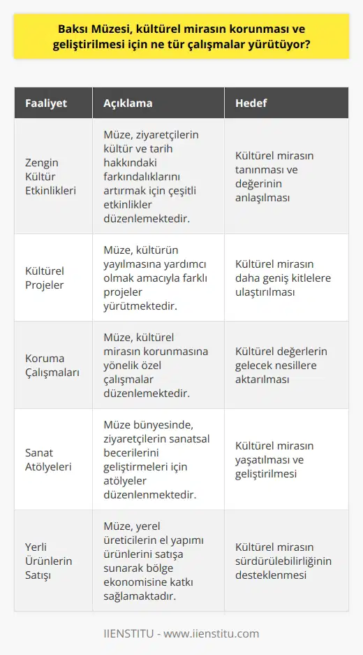 Baksı Müzesi, ülkenin kültürel mirasının tanınması, korunması ve geliştirilmesi için çeşitli çalışmalar yürütmektedir. Bu çalışmalar arasında, müzeyi ziyaret edenlerin kültür ve tarih hakkındaki farkındalıklarını artırmak için zengin bir kültür etkinliği programı yürütmek, kültürün yayılmasına yardımcı olmak için kültürel projeler düzenlemek ve kültürün korunmasına yönelik çalışmalar düzenlemek yer almaktadır. Ayrıca, müzede mevcut olan farklı etkinlikler arasında, sanat atölyeleri, söyleşiler, sergiler, yerli üreticilerin ürünlerinin satışı ve turizm faaliyetleri de yer almaktadır.