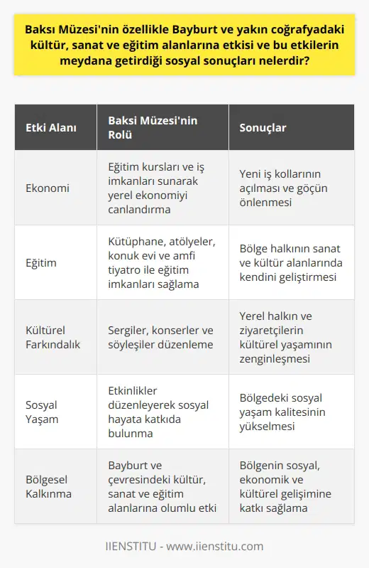 İdealist İnsanların Etkisi: Baksı Müzesi  Baksı Müzesi, Prof. Dr. Hüsamettin Koçan tarafından Bayburtta kurulan bir kültür ve sanat merkezidir. Müze, özellikle Bayburt ve yakın coğrafyadaki kültür, sanat ve eğitim alanlarına önemli etkiler yapmaktadır. Bu etkiler başta yerel ekonomi ve sosyal yaşam olmak üzere birçok alanda karşımıza çıkmaktadır.  Ekonomik Etkiler: İş Alanı ve Göçle Mücadele  Bayburt, iş alanı açısından dar olan ve göç veren bir şehirdir. Baksı Müzesi, bu durumla mücadele etmek için çeşitli eğitim kursları ve iş imkanları sunarak yerel ekonomiyi canlandırmaktadır. Müzenin hedefleri arasında Bayburt merkeze eğitim atölyeleri ve ihram dokuma atölyeleri gibi farklı alanlarda iş imkanları sağlamak bulunmaktadır. Böylece, şehirde yeni iş kollarının önü açılacak ve göçün önüne geçilmeye çalışılacaktır.  Sosyal Etkiler: Eğitim ve Kültürel Farkındalık Artışı  Baksı Müzesi, aynı zamanda Bayburt ve çevresindeki eğitim ve kültürel farkındalığı artırmayı hedeflemektedir. Müze, kitaplığı, atölyeleri, konuk evi ve amfi tiyatrosu ile adeta küçük bir kültür kompleksi görevi görmektedir. Bu sayede bölgedeki insanlar, sanat ve kültür ile daha yakından temas etme ve eğitimlerini bu alanlarda geliştirme imkanı bulmaktadırlar.  Ayrıca, Baksı Müzesinin düzenlediği etkinlikler ile yerel halkın ve ziyaretçilerin sosyal hayatına katkıda bulunmaktadır. Müze, düzenlediği konserler, sergiler ve söyleşilerle sosyal yaşamın kalitesini yükseltmekte ve bölgedeki kültürel yaşamı zenginleştirmektedir.  Sonuç olarak, Baksı Müzesi, Dr. Hüsamettin Koçanın idealist bir yaklaşımla kurduğu bir kültür ve sanat merkezi olup, özellikle Bayburt ve yakın coğrafyadaki kültür, sanat ve eğitim alanlarına olumlu etkileri bulunmaktadır. Bu etkiler ise bölgedeki sosyal yaşamın, ekonomik durumun ve kültürel farkındalığın gelişmesine katkı sağlamaktadır.