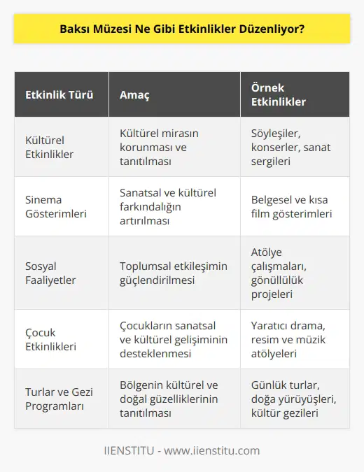 Baksı Müzesi, her yıl çeşitli etkinlikler düzenliyor. Bunlar arasında kültürel etkinlikler, söyleşiler, konserler, sanat sergileri, sinema gösterimleri, sosyal faaliyetler ve çocuk etkinlikleri yer alıyor. Baksı Müzesi, ayrıca günlük turlar, gezi programları ve çalışma atölyeleri organize ediyor. Müzenin etkinlikleri, kültürel mirasımızın, sanatımızın ve kültürümüzün korunmasını, özendirilmesini ve tanıtılmasını amaçlamaktadır.