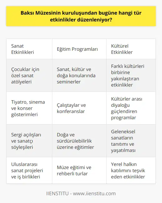 Baksı Müzesi, kültür, sanat ve doğal güzelliklerin bir araya geldiği bir alandır. Müze, kültür, sanat ve doğa konusunda değişik konularda eğitim, sosyal etkinlik, seminer, çalıştay ve konferanslar düzenlemektedir. Müzede, çocuklar için özel sanat atölyeleri, sanat etkinlikleri, tiyatro, sinema, konser ve çeşitli söyleşiler de düzenlenmektedir. Müzede ayrıca, farklı kültürleri birbirine yakınlaştırmak ve güçlendirmek amacıyla çeşitli kültürel etkinlikler de düzenlenmektedir.