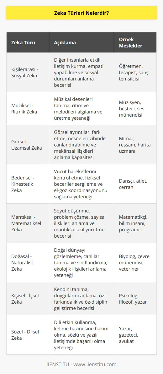Zeka türleri şunlardır: Kişilerarası - sosyal zeka, müziksel - ritmik zeka, görsel - uzamsal zeka, bedensel - kinestetik zeka, mantıksal - matematiksel zeka, doğasal - naturalist zeka, kişisel - içsel zeka, ve sözel - dilsel zeka.