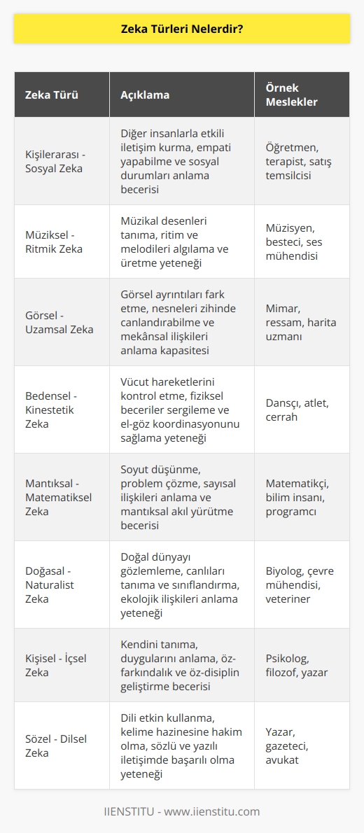 Zeka türleri şunlardır: Kişilerarası - sosyal zeka, müziksel - ritmik zeka, görsel - uzamsal zeka, bedensel - kinestetik zeka, mantıksal - matematiksel zeka, doğasal - naturalist zeka, kişisel - içsel zeka, ve sözel - dilsel zeka.
