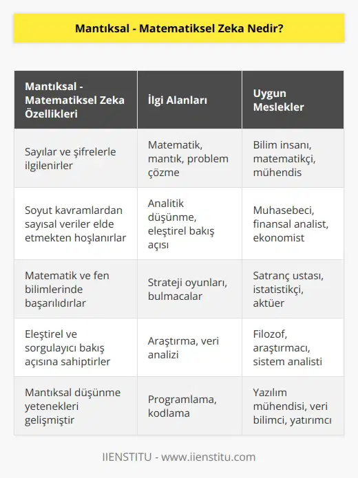 Sayılar ve şifreler ilgisini çeker. Soyut kavramlardan sayısal veriler elde etmekten hoşlanır.   nda başarılı olurlar. Eleştirel ve sorgulayıcı bakış açısına sahiptirler. Uygun   ; bilim insanı, muhasebeci, bankacı,   ,   , yatırımcı gibi alanlarda başarılı olurlar.