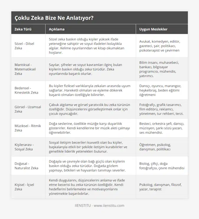 Sözel - Dilsel Zeka, Sözel zeka baskın olduğu kişiler yüksek ifade yeteneğine sahiptir ve soyut ifadeleri kolaylıkla algılar Kelime oyunlarından ve kitap okumaktan hoşlanır, Avukat, komedyen, editör, gazeteci, şair, politikacı, psikoterapist ve çevirmen, Mantıksal - Matematiksel Zeka, Sayılar, şifreler ve soyut kavramları ilginç bulan kişilerin baskın olduğu zeka türüdür Zeka oyunlarında başarılı olurlar, Bilim insanı, muhasebeci, bankacı, bilgisayar programcısı, mühendis, yatırımcı, Bedensel - Kinestetik Zeka, Bu kişiler fiziksel varlıklarıyla zekaları arasında uyum sağlarlar Hareketli olmaları ve eyleme dökerek başarılı olmaları özelliğiyle bilinirler, Dansçı, oyuncu, marangoz, heykeltıraş, beden eğitimi öğretmeni, Görsel - Uzamsal Zeka, Çabuk algılama ve görsel yaratıcılık bu zeka türünün özelliğidir Düşüncelerini görselleştirmek onlar için çocuk oyuncağıdır, Fotoğrafçı, grafik tasarımcı, film editörü, reklamcı, yönetmen, tur rehberi, terzi, Müziksel - Ritmik Zeka, Doğa seslerine, özellikle müziğe karşı duyarlılık gösterirler Kendi kendilerine bir müzik aleti çalmayı öğrenebilirler, Besteci, orkestra şefi, dansçı, müzisyen, şarkı sözü yazarı, ses mühendisi, Kişilerarası - Sosyal Zeka, Sosyal iletişim becerileri kuvvetli olan bu kişiler, başkalarıyla etkili bir şekilde iletişim kurabilirler ve genellikle liderlik yetenekleri bulunur, Öğretmen, psikolog, danışman, politikacı, Doğasal - Naturalist Zeka, Doğayla ve çevreyle olan bağı güçlü olan kişilerin baskın olduğu zeka türüdür Doğada gözlem yapmayı, bitkileri ve hayvanları tanımayı severler, Biolog, çiftçi, doğa fotoğrafçısı, çevre mühendisi, Kişisel - İçsel Zeka, Kendi duygularını, düşüncelerini anlama ve ifade etme becerisi bu zeka türünün özelliğidir Kendi hedeflerini belirlemekte ve motivasyonlarını yönetmekte başarılıdırlar, Psikolog, danışman, filozof, yazar, terapist