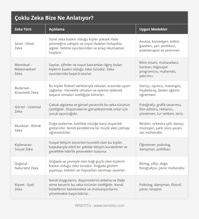 Sözel - Dilsel Zeka, Sözel zeka baskın olduğu kişiler yüksek ifade yeteneğine sahiptir ve soyut ifadeleri kolaylıkla algılar Kelime oyunlarından ve kitap okumaktan hoşlanır, Avukat, komedyen, editör, gazeteci, şair, politikacı, psikoterapist ve çevirmen, Mantıksal - Matematiksel Zeka, Sayılar, şifreler ve soyut kavramları ilginç bulan kişilerin baskın olduğu zeka türüdür Zeka oyunlarında başarılı olurlar, Bilim insanı, muhasebeci, bankacı, bilgisayar programcısı, mühendis, yatırımcı, Bedensel - Kinestetik Zeka, Bu kişiler fiziksel varlıklarıyla zekaları arasında uyum sağlarlar Hareketli olmaları ve eyleme dökerek başarılı olmaları özelliğiyle bilinirler, Dansçı, oyuncu, marangoz, heykeltıraş, beden eğitimi öğretmeni, Görsel - Uzamsal Zeka, Çabuk algılama ve görsel yaratıcılık bu zeka türünün özelliğidir Düşüncelerini görselleştirmek onlar için çocuk oyuncağıdır, Fotoğrafçı, grafik tasarımcı, film editörü, reklamcı, yönetmen, tur rehberi, terzi, Müziksel - Ritmik Zeka, Doğa seslerine, özellikle müziğe karşı duyarlılık gösterirler Kendi kendilerine bir müzik aleti çalmayı öğrenebilirler, Besteci, orkestra şefi, dansçı, müzisyen, şarkı sözü yazarı, ses mühendisi, Kişilerarası - Sosyal Zeka, Sosyal iletişim becerileri kuvvetli olan bu kişiler, başkalarıyla etkili bir şekilde iletişim kurabilirler ve genellikle liderlik yetenekleri bulunur, Öğretmen, psikolog, danışman, politikacı, Doğasal - Naturalist Zeka, Doğayla ve çevreyle olan bağı güçlü olan kişilerin baskın olduğu zeka türüdür Doğada gözlem yapmayı, bitkileri ve hayvanları tanımayı severler, Biolog, çiftçi, doğa fotoğrafçısı, çevre mühendisi, Kişisel - İçsel Zeka, Kendi duygularını, düşüncelerini anlama ve ifade etme becerisi bu zeka türünün özelliğidir Kendi hedeflerini belirlemekte ve motivasyonlarını yönetmekte başarılıdırlar, Psikolog, danışman, filozof, yazar, terapist